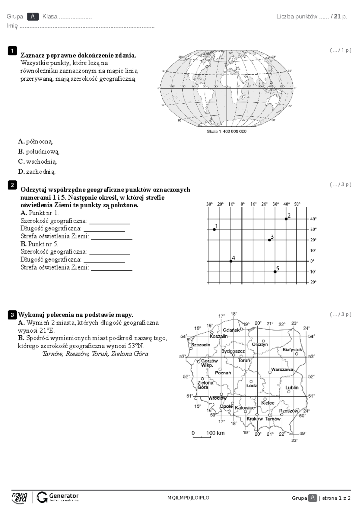 Test - rozdział 1. Współrzędne geograficzne Test (z widoczną punktacją