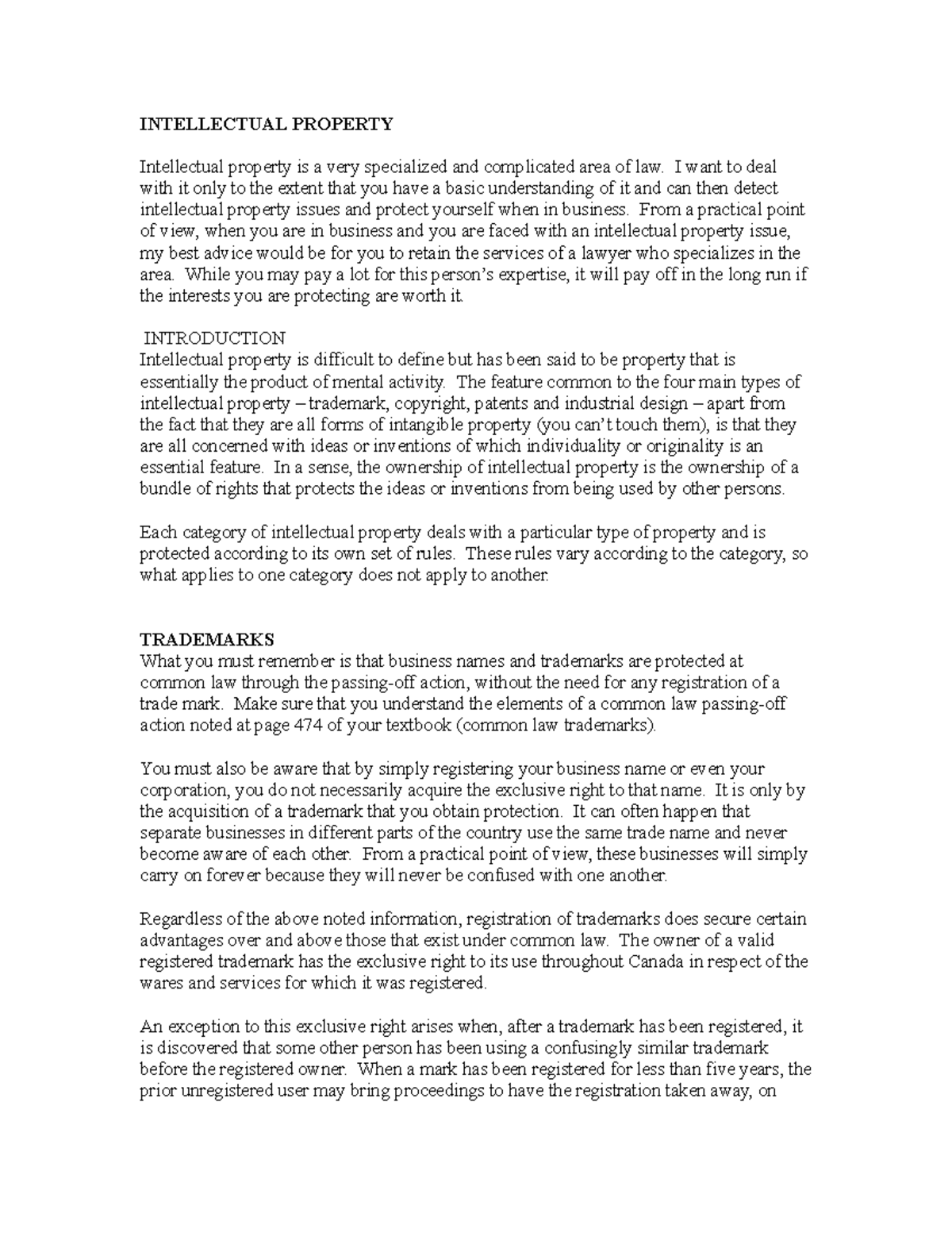 Notes FOR Intellectual Property - INTELLECTUAL PROPERTY Intellectual ...