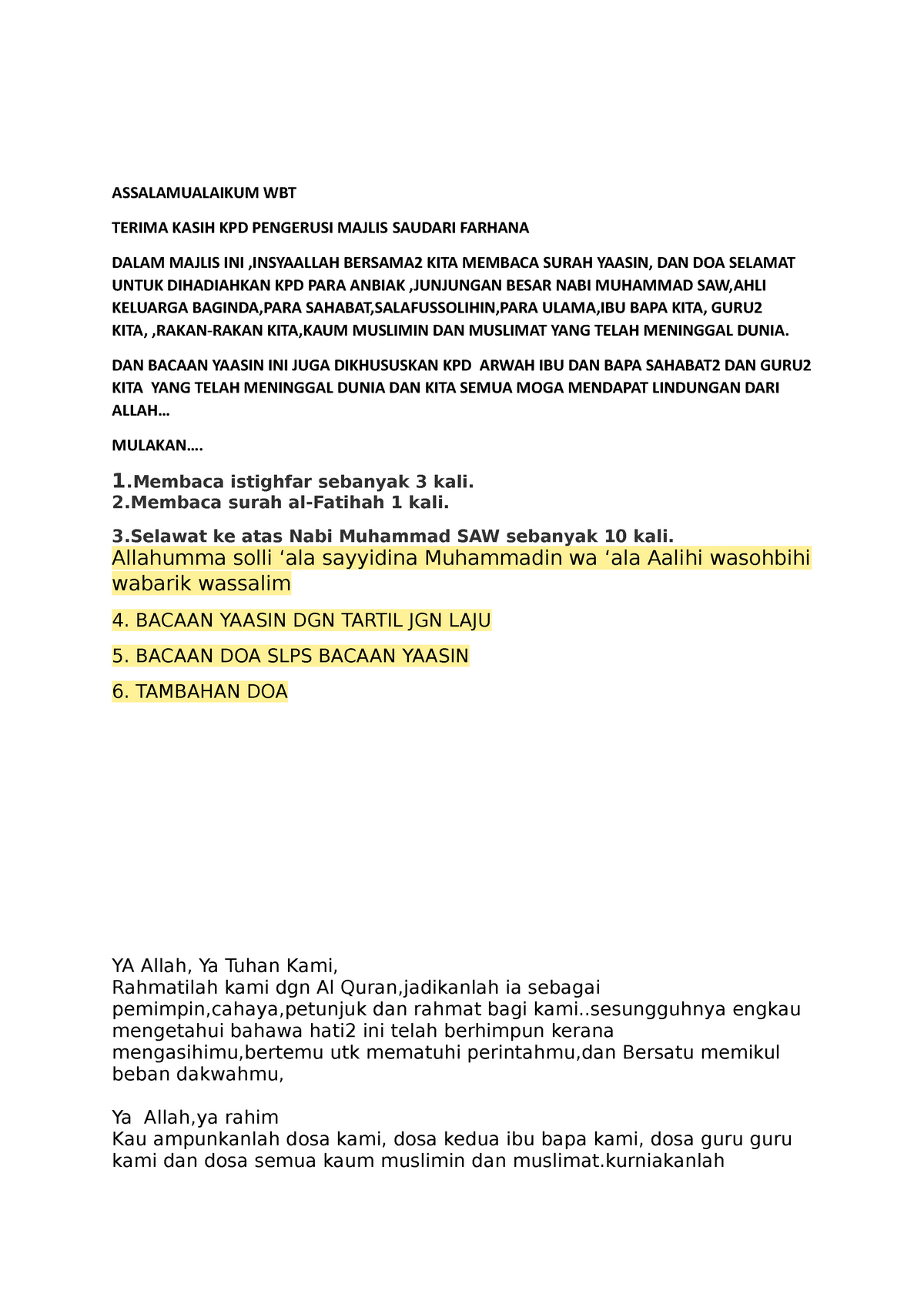 Teks Bacaan Doa Yaasin Assalamualaikum Wbt Terima Kasih Kpd Pengerusi Majlis Saudari Farhana Dalam Studocu