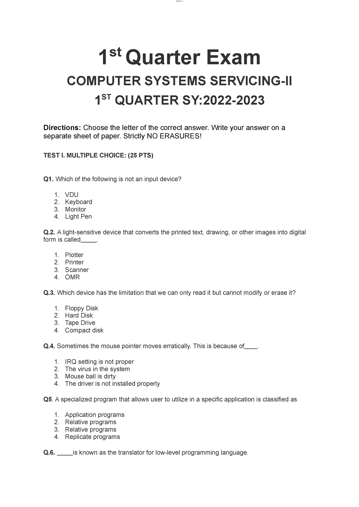 1st Quarter Exam Css G12 Lomoar Cpsd 15474631 1 St Quarter Exam Computer Systems Servicing Ii 2035