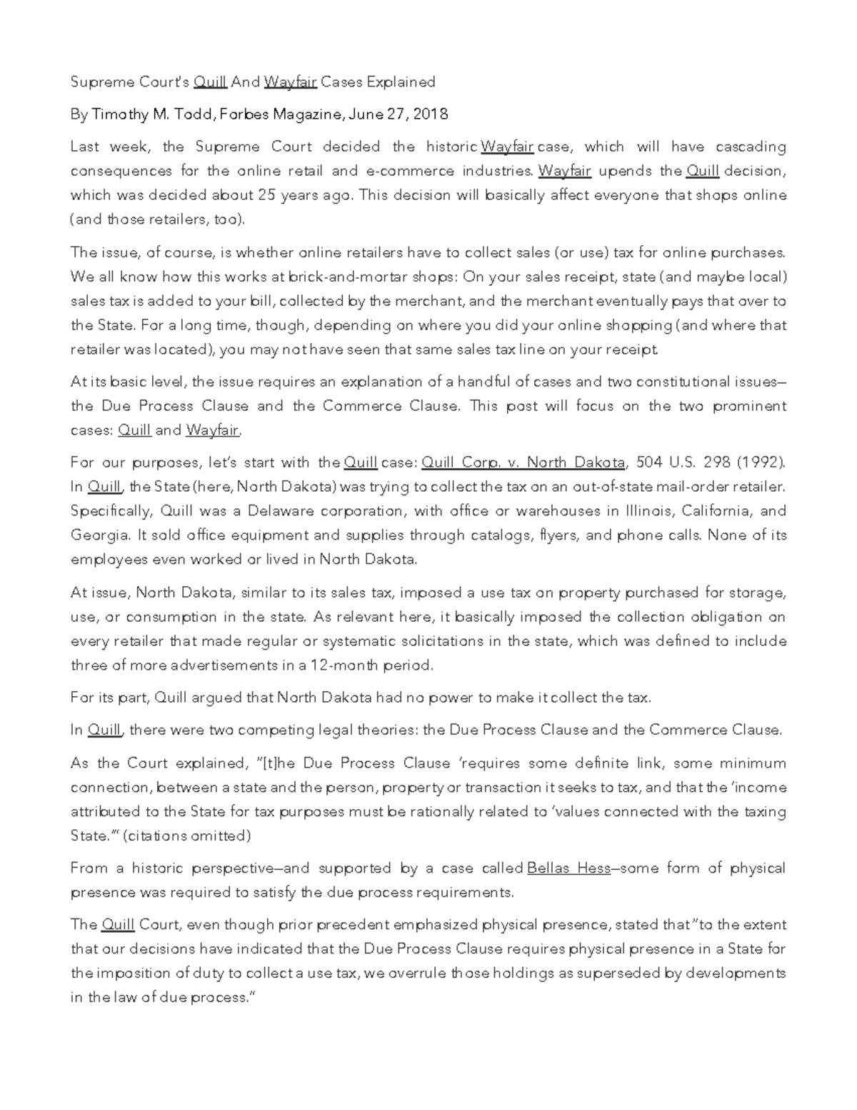 Chapter 1&2 Quill Wayfair Article Supreme Court's Quill And Wayfair Cases Explained By Timothy