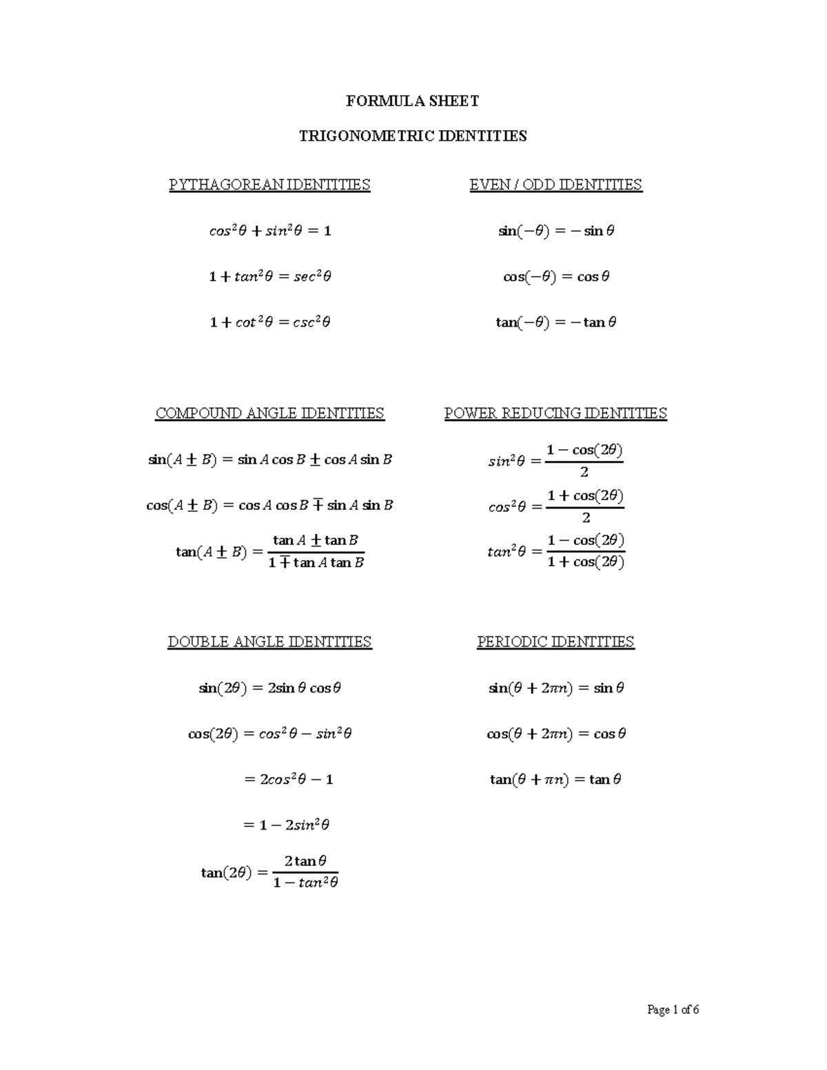 Civil Eng Maths Formulae Sheet For exams - FORMULA SHEET TRIGONOMETRIC ...