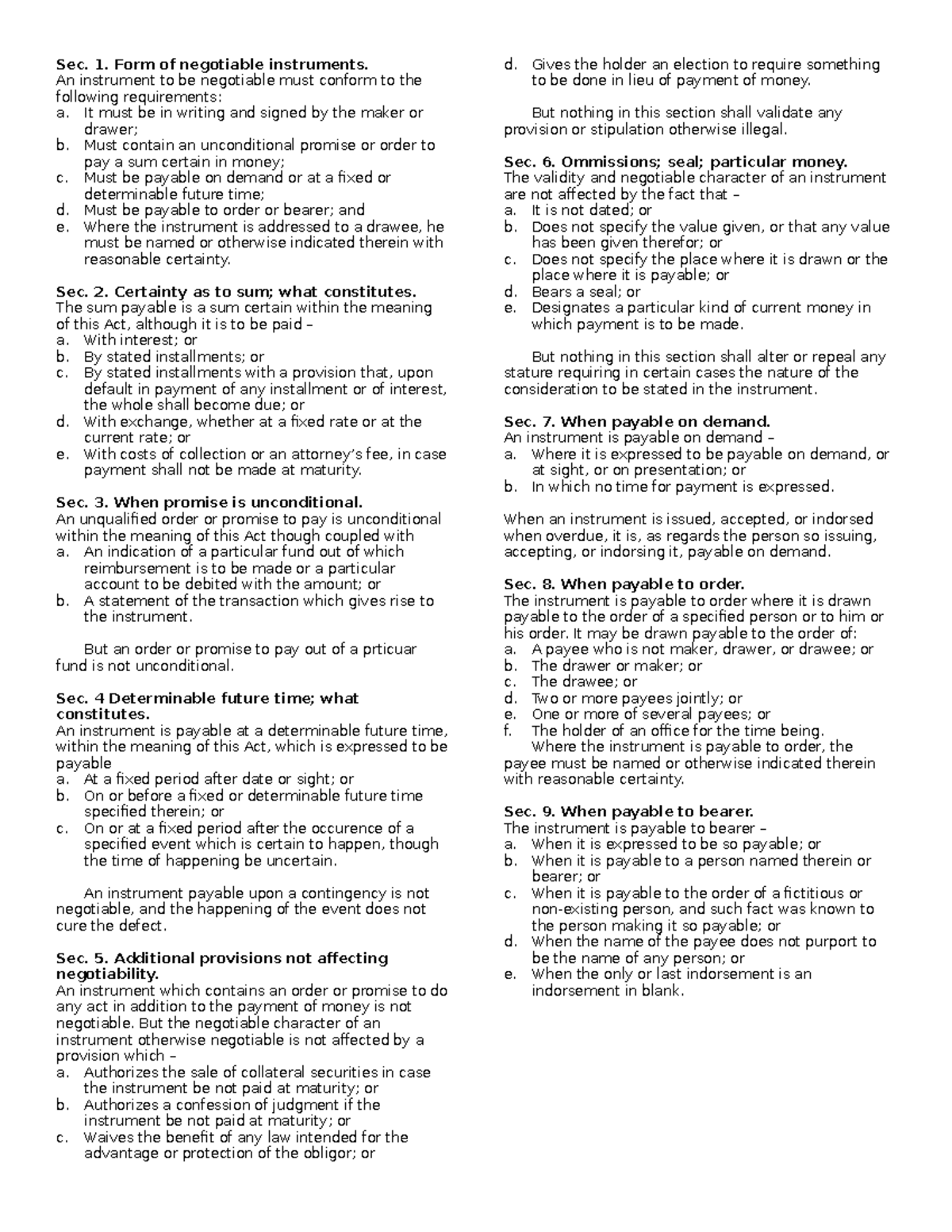 Negotiable Instruments Law - Sec. 1. Form of negotiable instruments. An ...