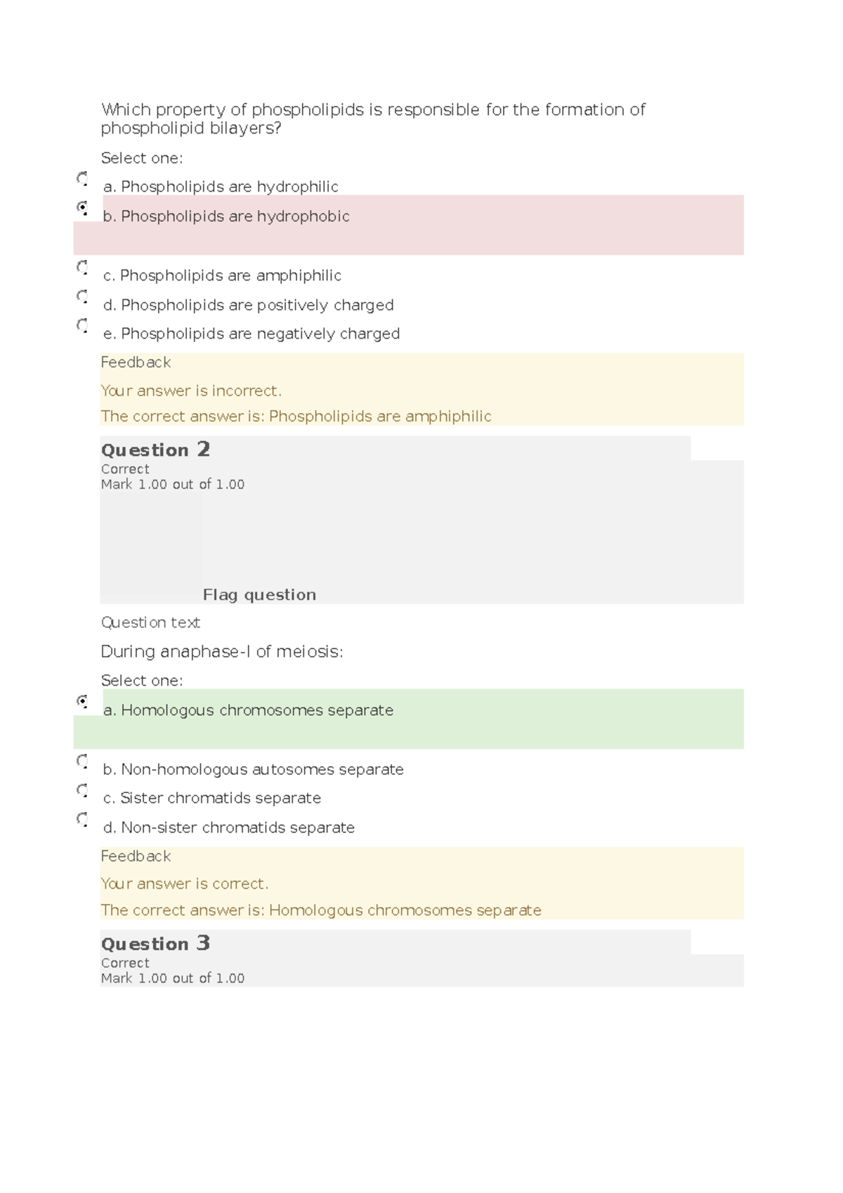 Biology Test 4 - the quiz from unit 4, with results and marked correct