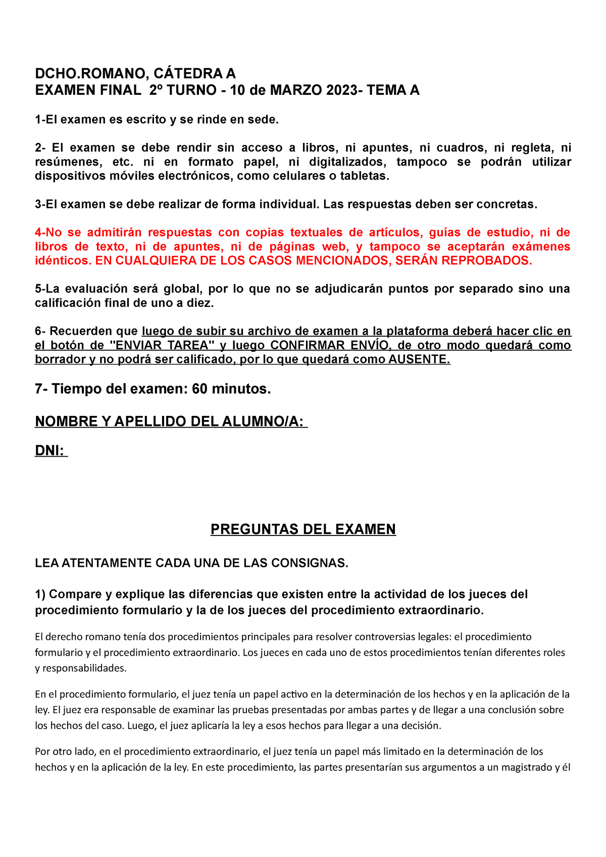 Examen Final Romano 2023 - DCHO, CÁTEDRA A EXAMEN FINAL 2º TURNO - 10 ...