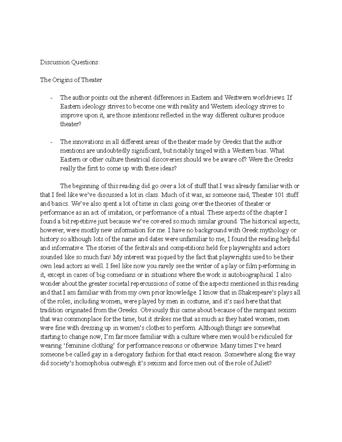 FWT The Origin of Theater Journal Discussion Questions The Origins