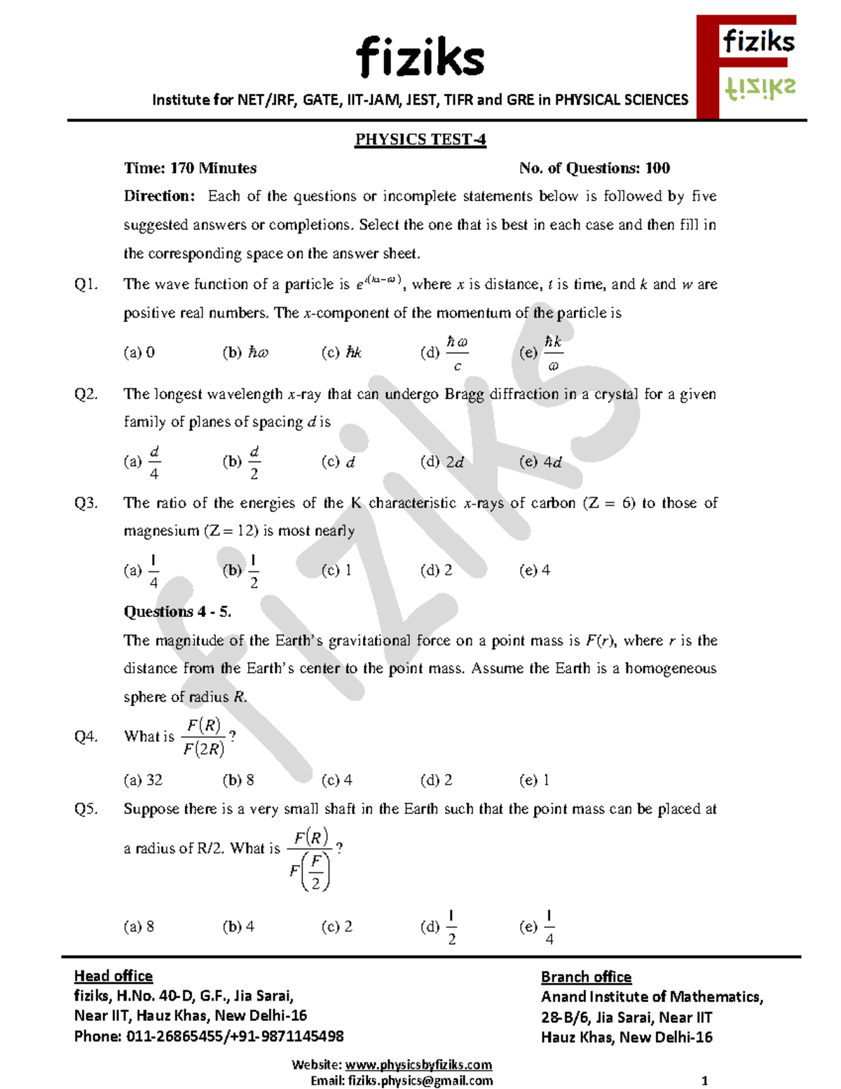 4.GRE Sample Paper 4 - M phil physics GRE - Institute for NET/JRF, GATE ...