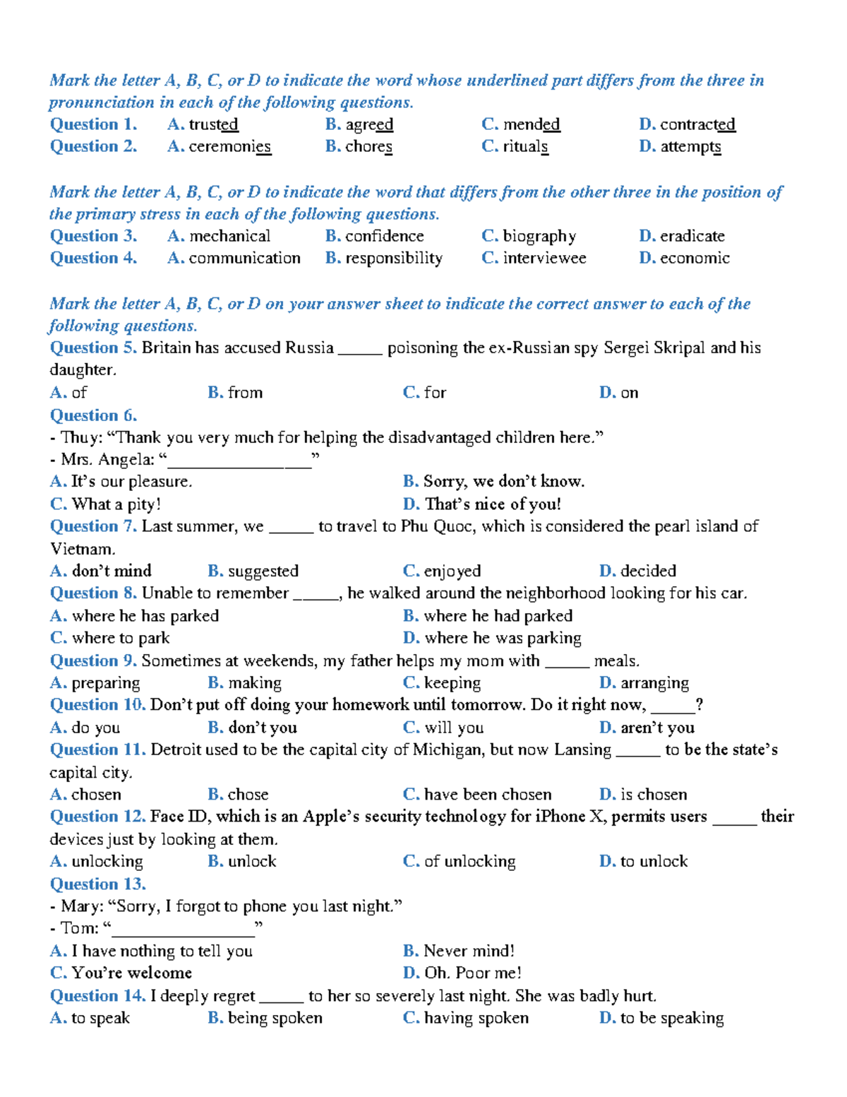 TEST 11 CB - TEST 11 CB - Mark the letter A, B, C, or D to indicate the ...