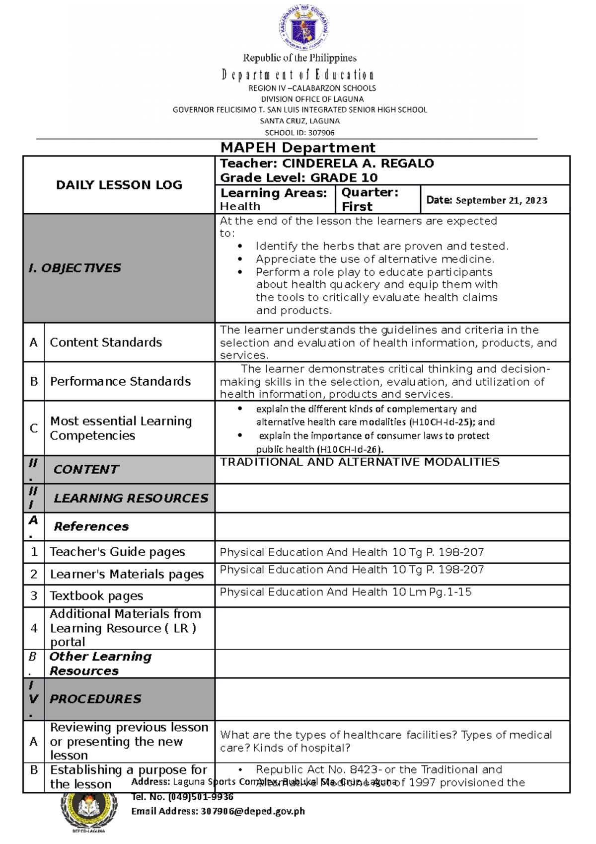 LE Health alternative - MAPEH Department DAILY LESSON LOG Teacher ...