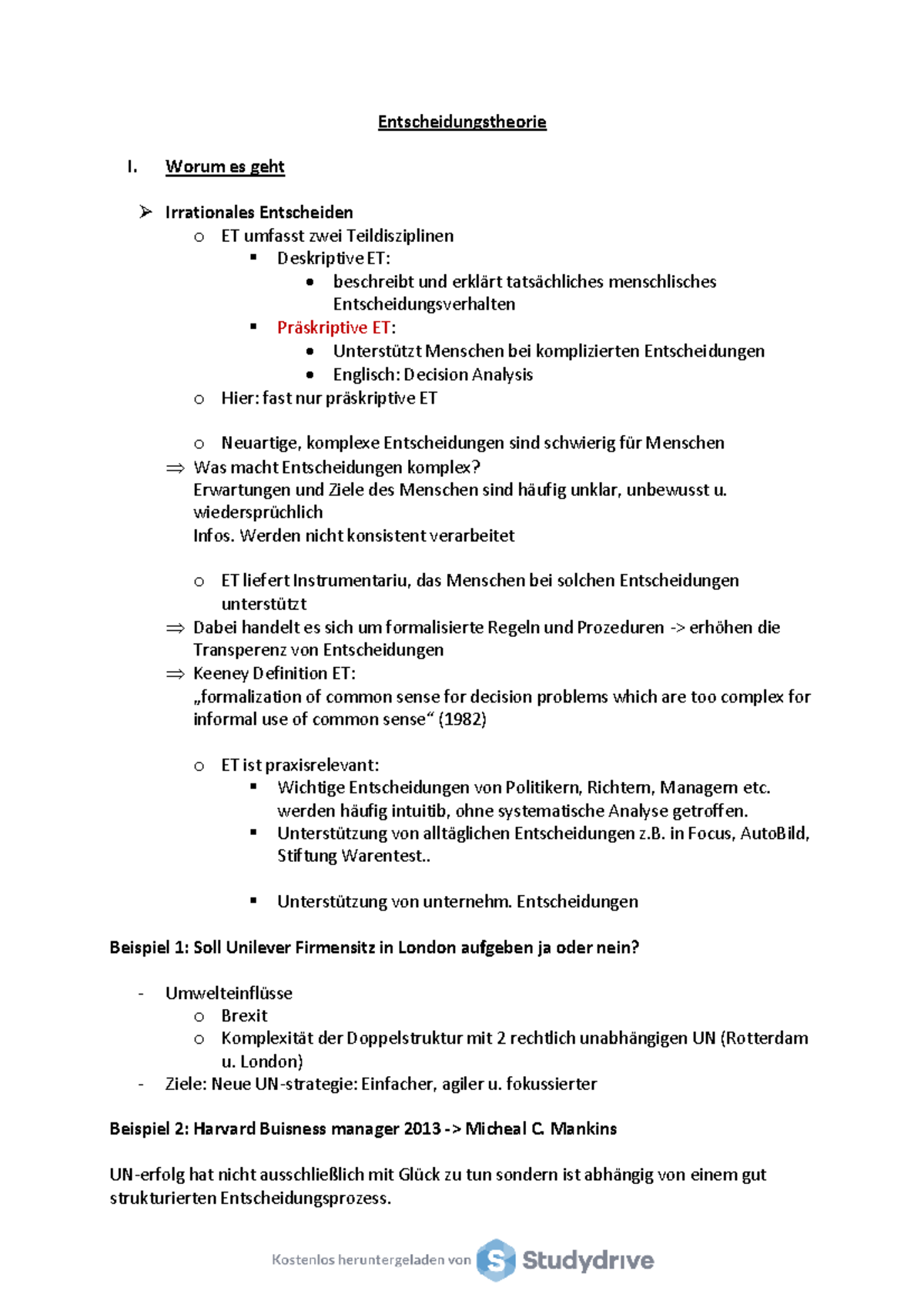 Faust 1 Zusammenfassung Kapitel Zusammenfassung Vorlesung 1 - Entscheidungstheorie I. Worum es geht
