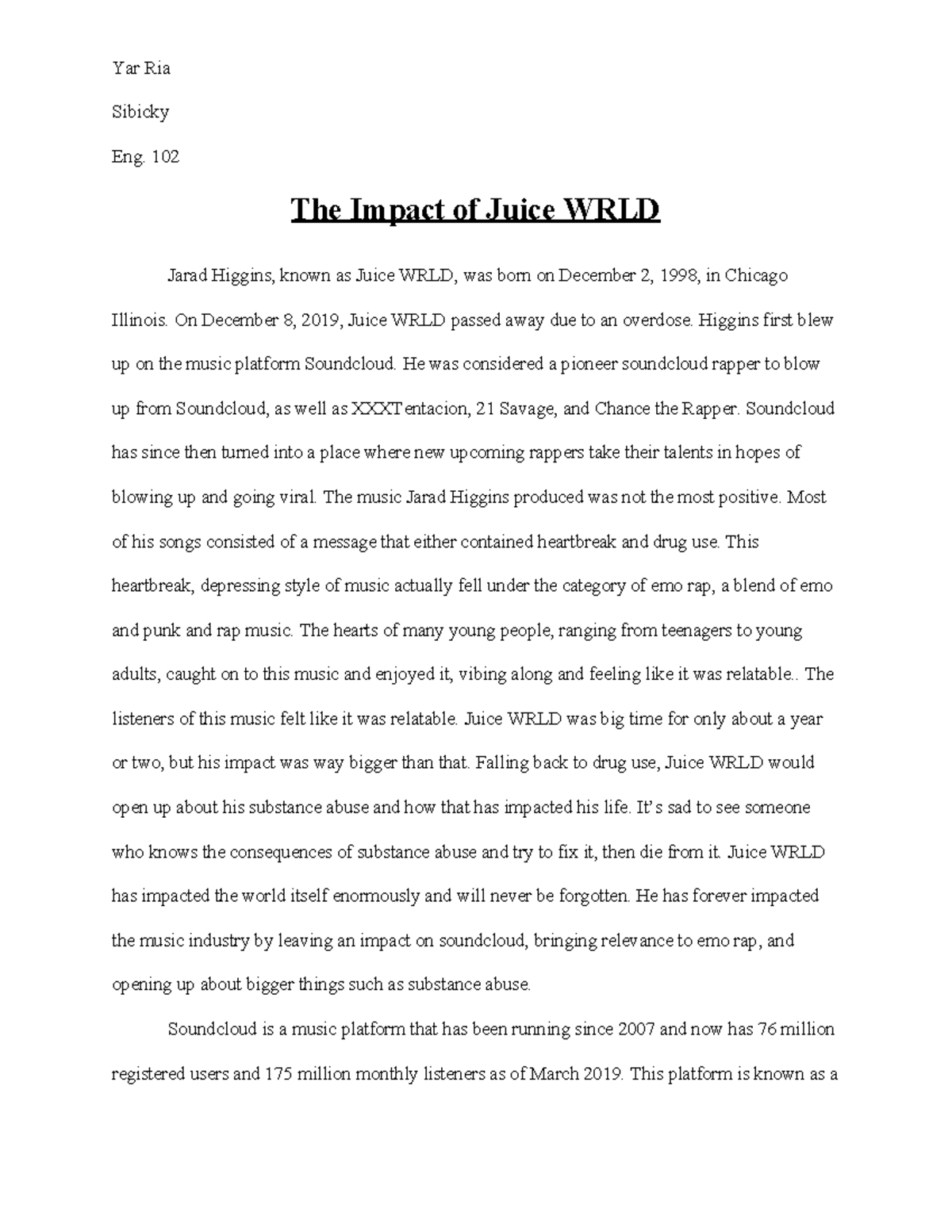 Why is Juice WRLD popular Yar Ria Sibicky Eng. 102 The Impact of