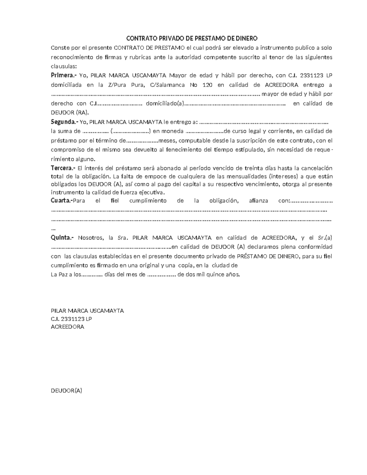 Contrato new 1 - derecho civil - CONTRATO PRIVADO DE PRESTAMO DE DINERO ...