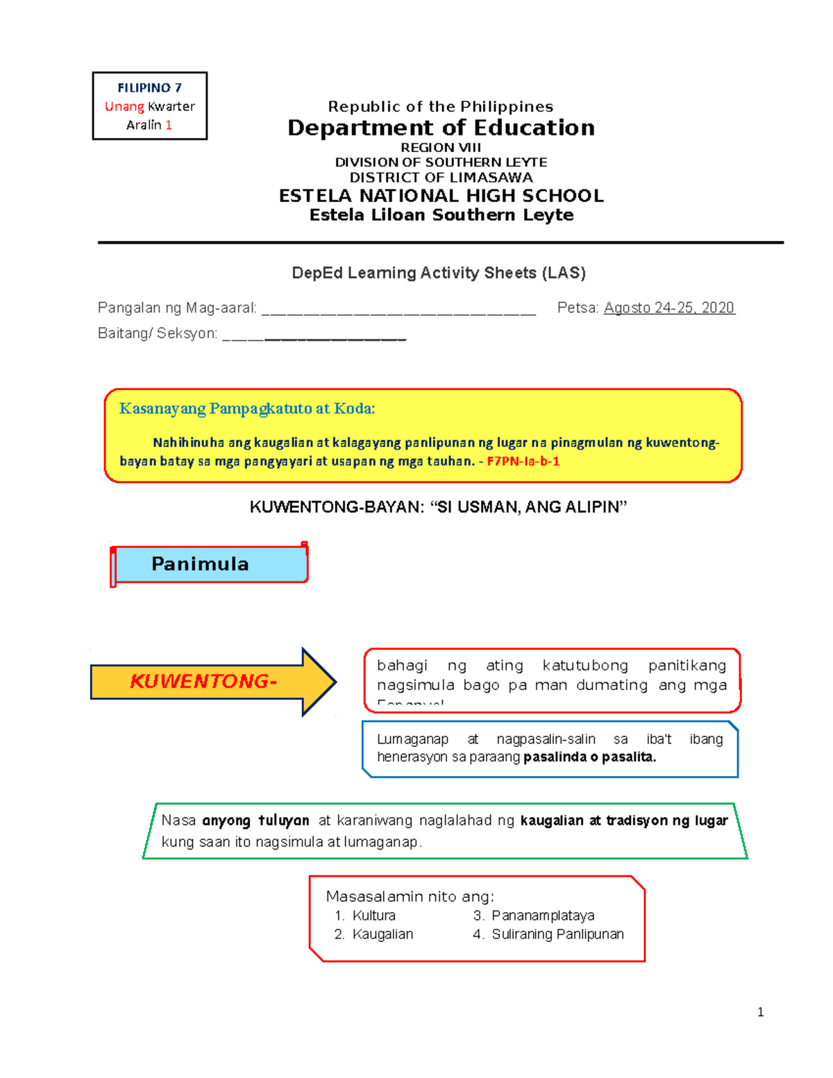 Learning Activity Sheet Filipino 7 Unang Kwarter - Republic Of The ...