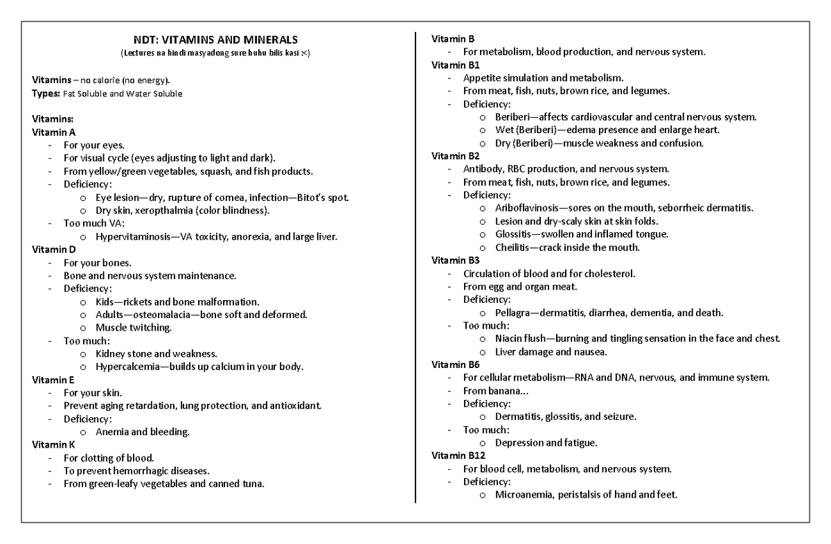 NDT Vitamins AND Minerals Notes NDT VITAMINS AND MINERALS (Lectures