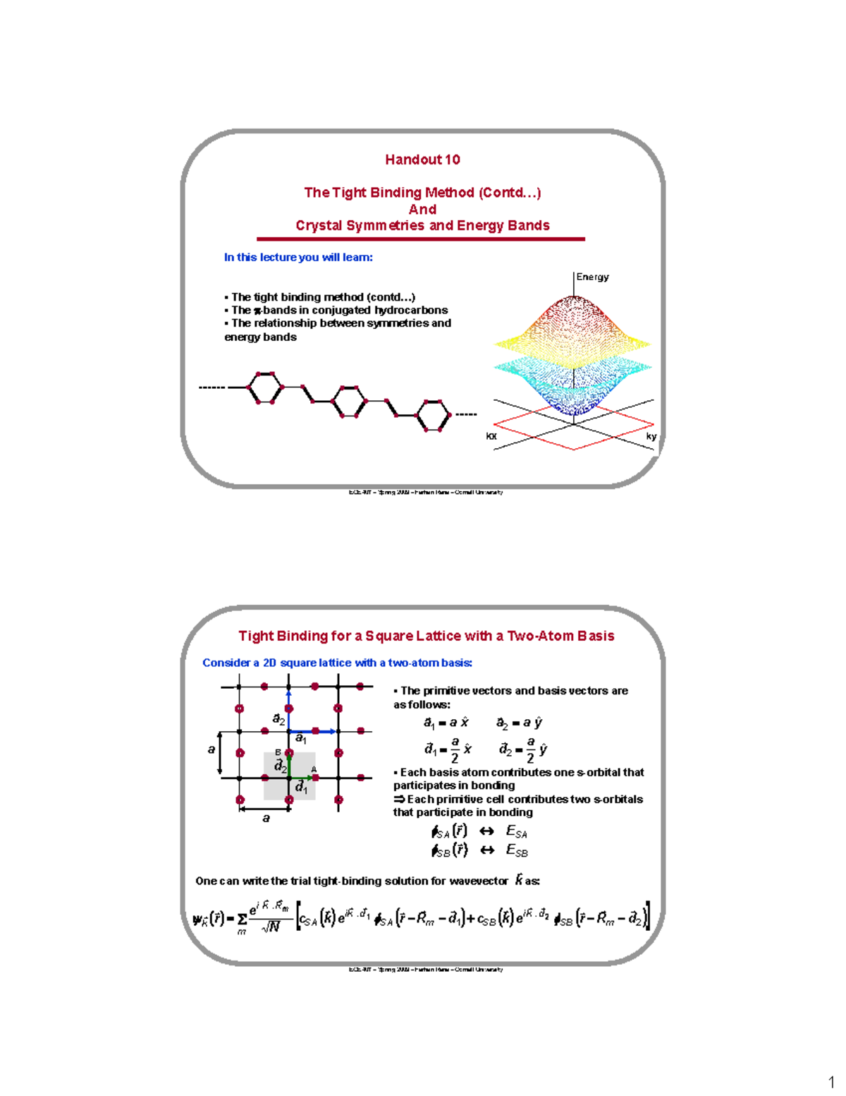 Lecture slides, lecture 10 - Handout 10 The Tight Binding Method And ...