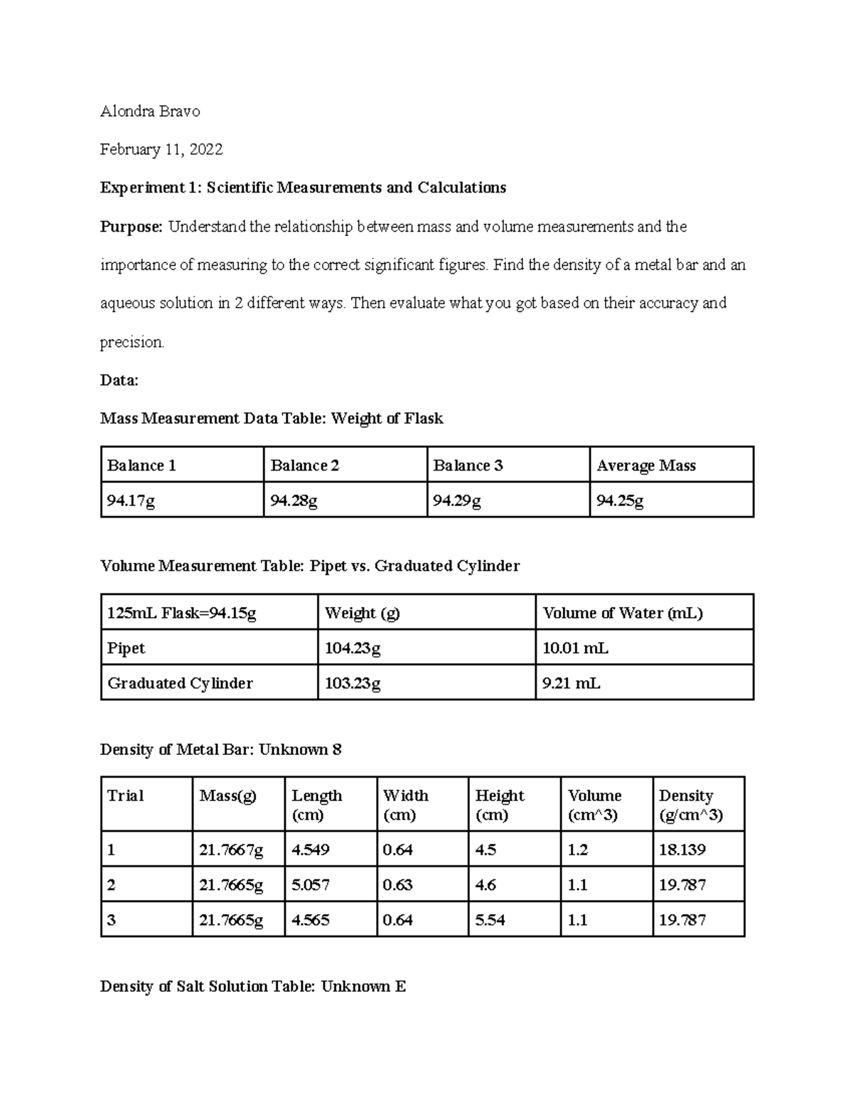 Lab Report Scientific Measurements and Calculations - Alondra Bravo ...