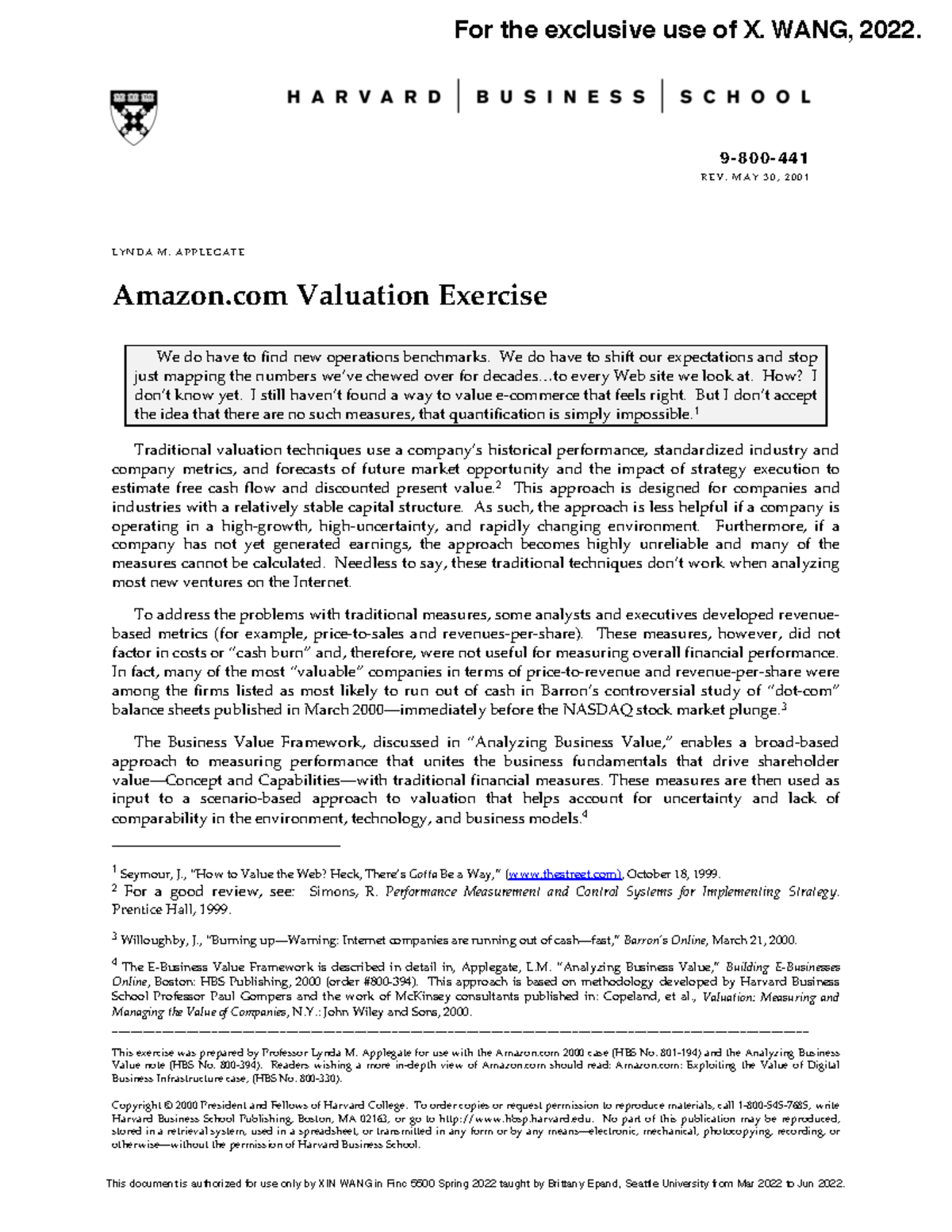 Amazon Case Analysis 9800 REV MAY 30, 2001 This exercise was