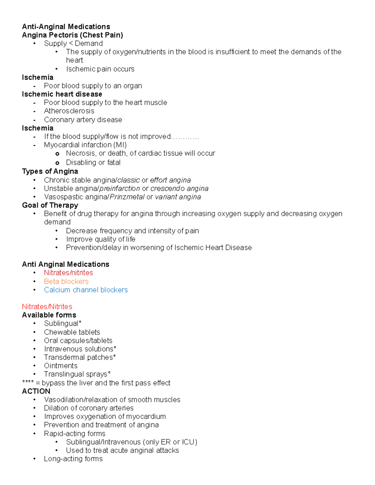 Antianginal notes - Anti-Anginal Medications Angina Pectoris (Chest ...