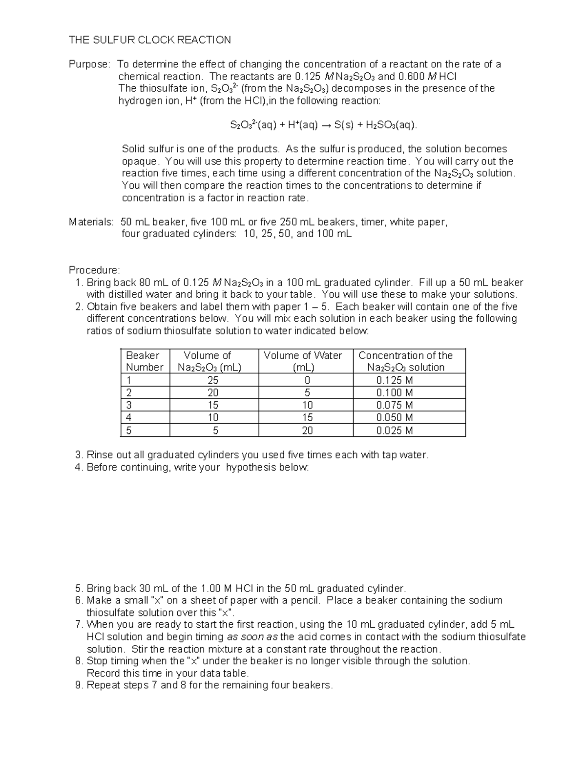 THE Sulfur Clock Reaction 2014 THE SULFUR CLOCK REACTION Purpose To