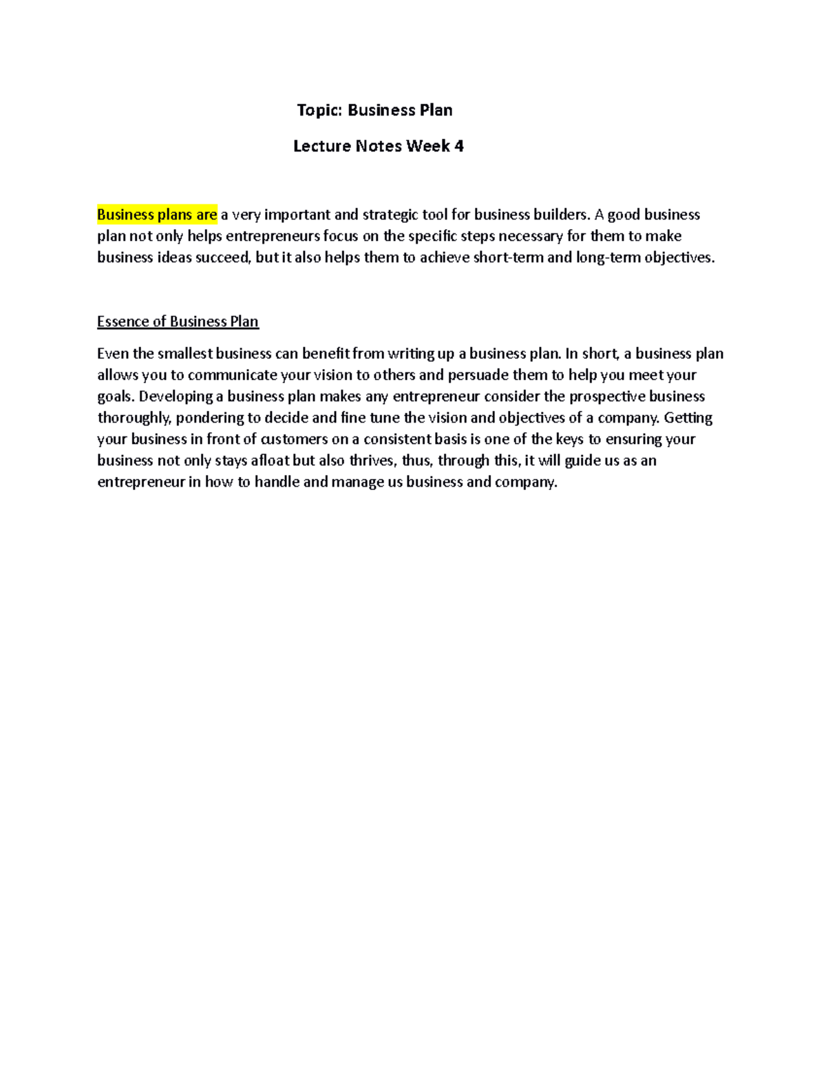 Document 67 It contains information about business plan. Topic