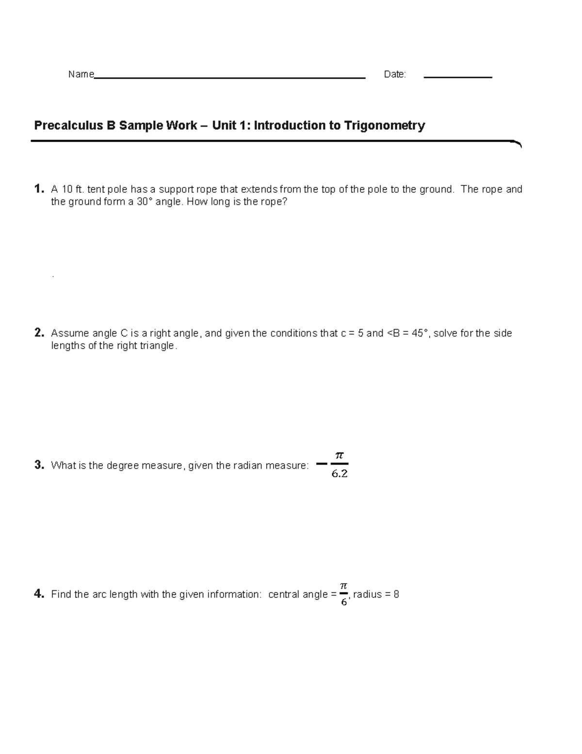 Precalculus B - Unit 1 Sample Work - Name Date: Precalculus B Sample ...