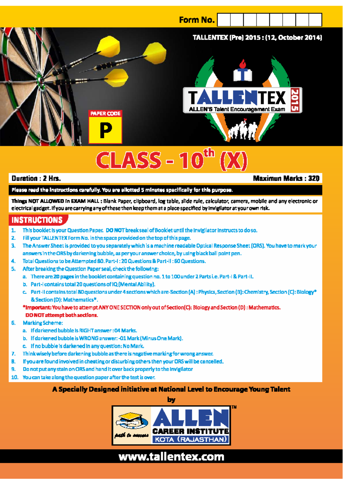 Tallentex Class 10 2015 Paper 1 PARTI IQ (MENTAL ABILITY) This