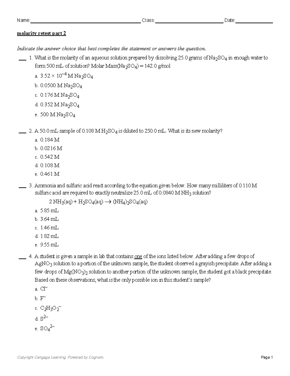 Molarity retest part 2 - practice - Indicate the answer choice that ...