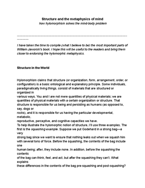 Hylomorphism - Hylomorphism the thomistic model - Studocu