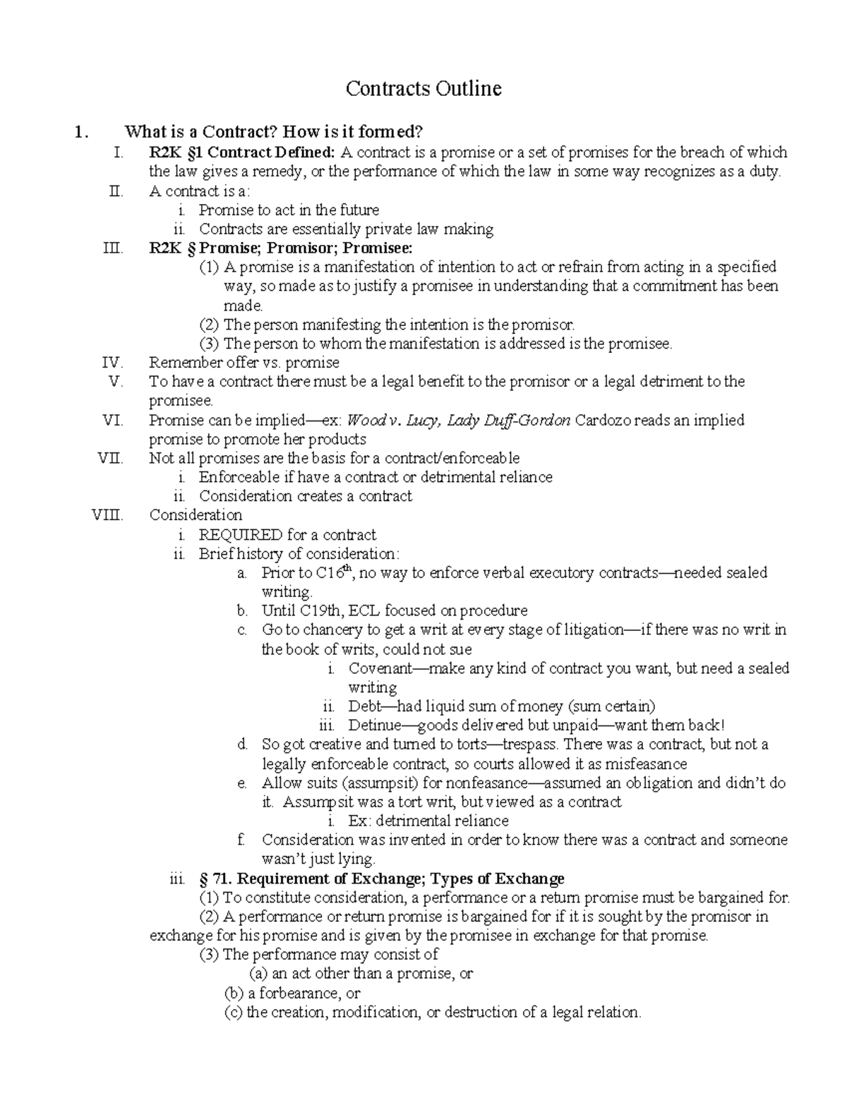 Kadens Contracts Fall - outline fall - Contracts Outline 1. What is a ...