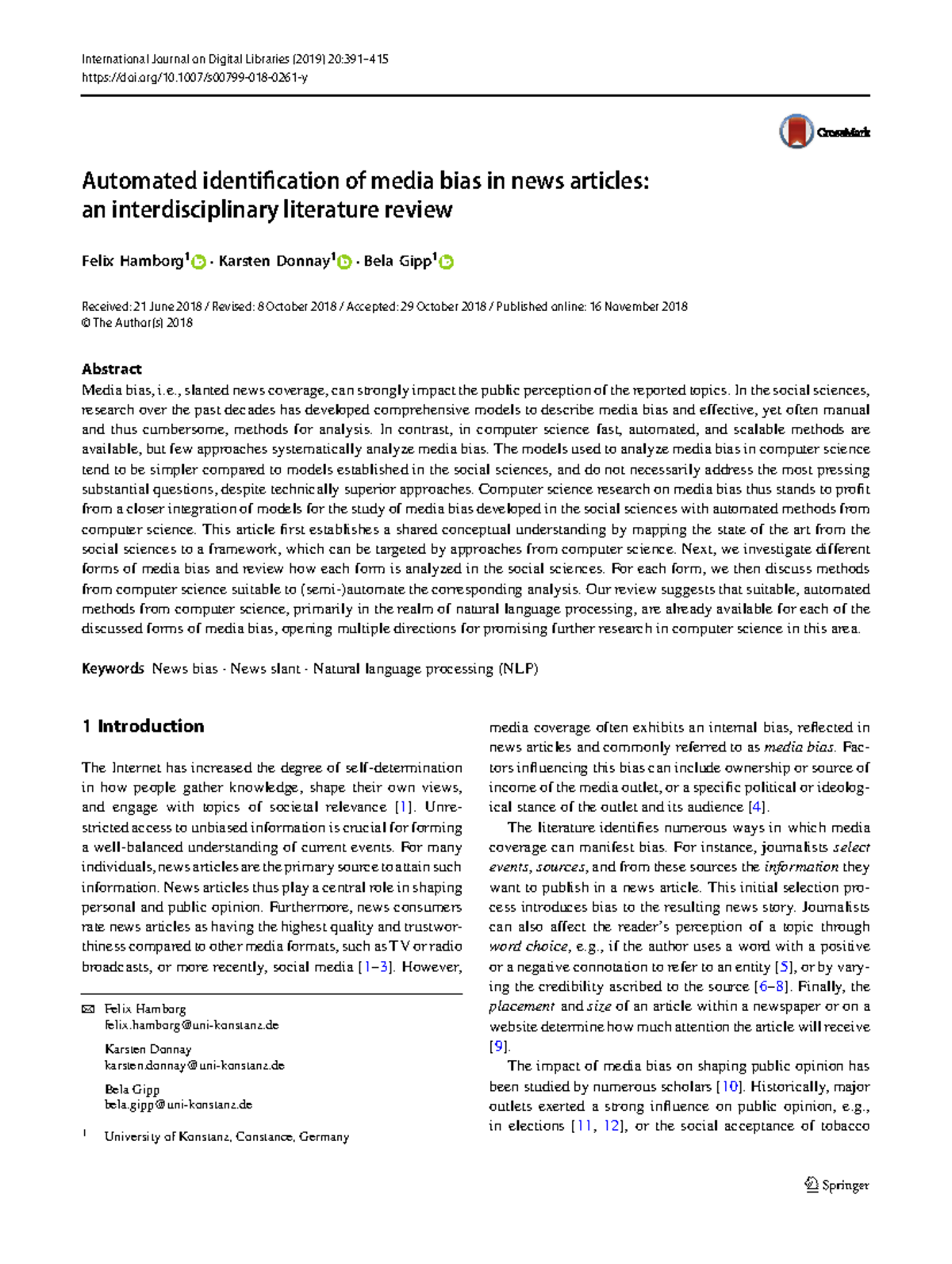 Automated identification of media bias in news articles an ...