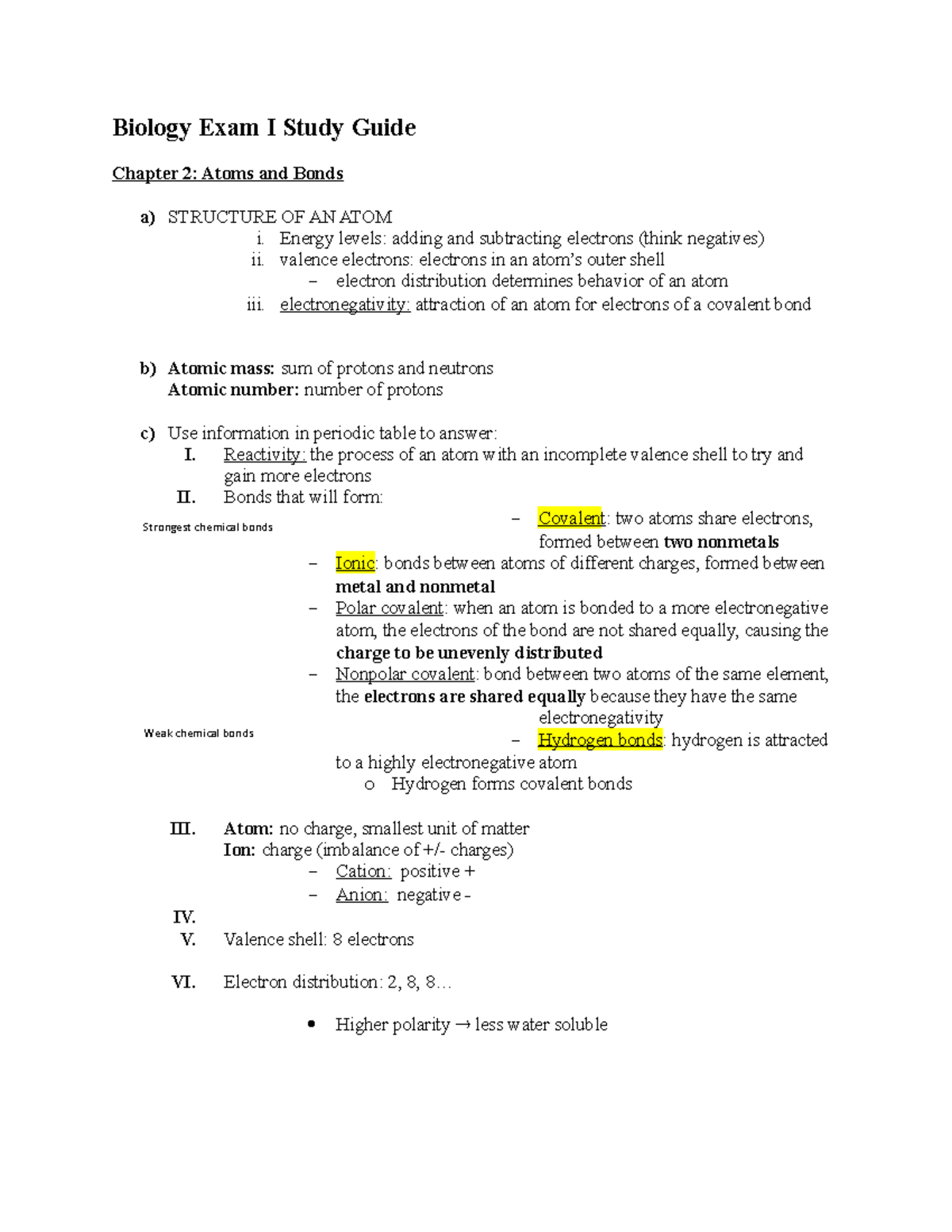 Biology Exam I Study Guide - Biology Exam I Study Guide Chapter 2 ...