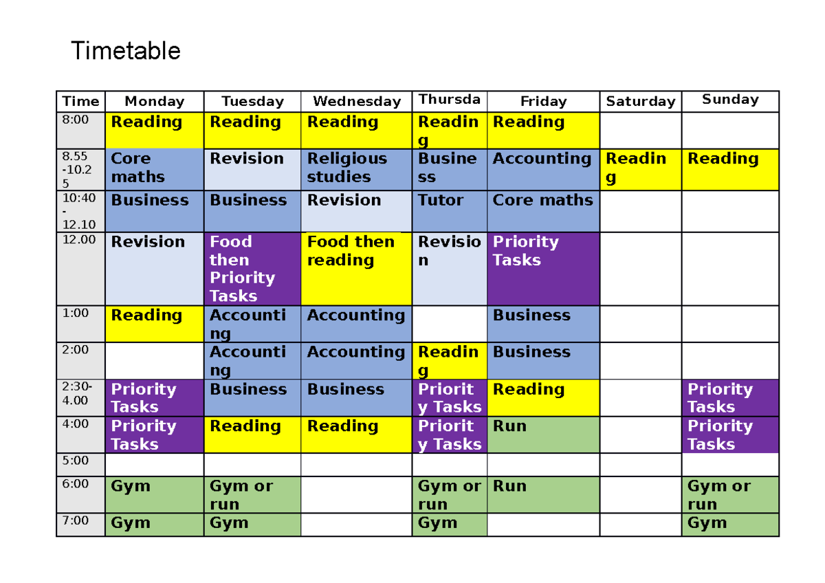 My revision timetable - ggggggggggggggggg - Timetable Time Monday ...