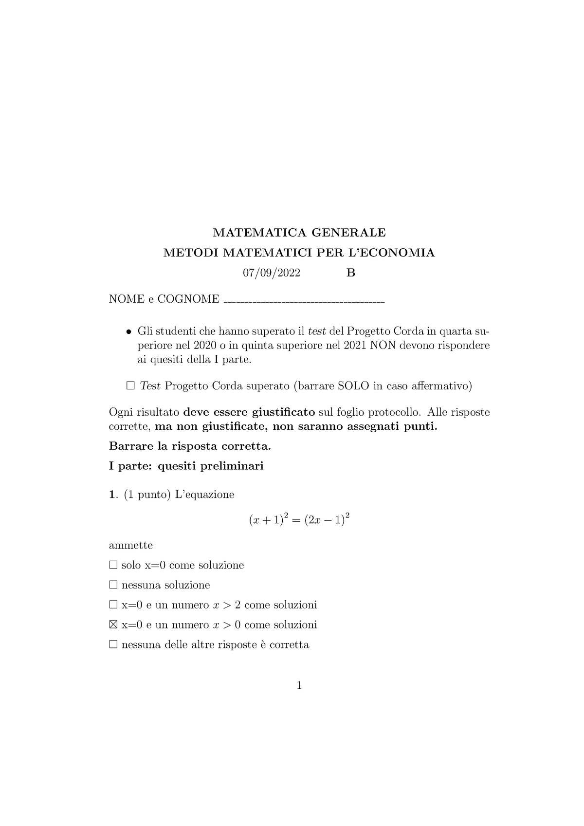 7-9-2022 - Prova D'esame - MATEMATICA GENERALE METODI MATEMATICI PER L ...