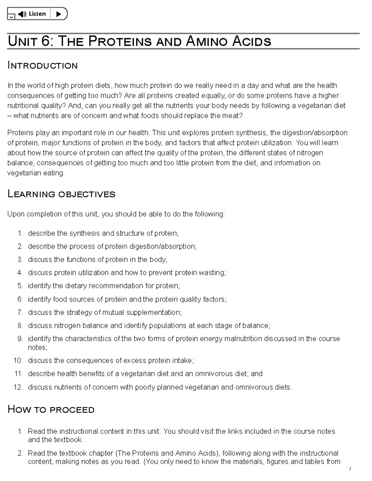 Unit 6 The Proteins and Amino Acids - HNSC-1210-D01 - Nutrition for ...