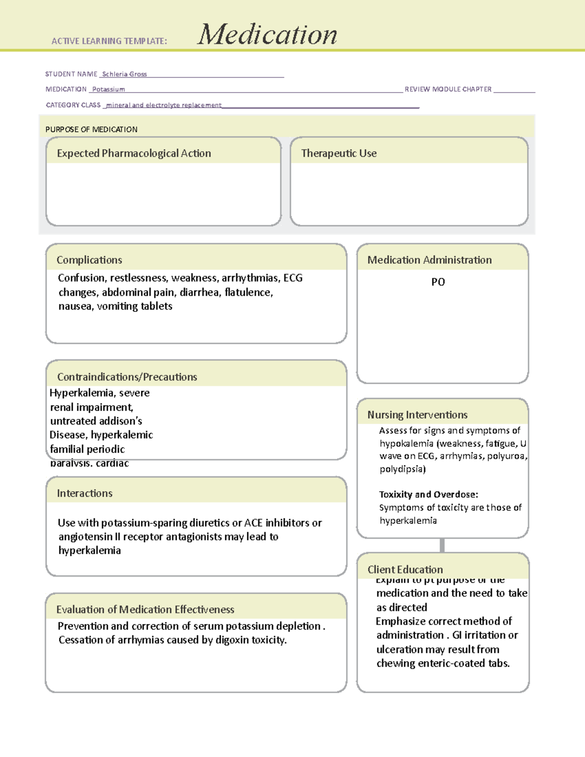 Potassium Medication Template - STUDENT NAME Schleria Gross