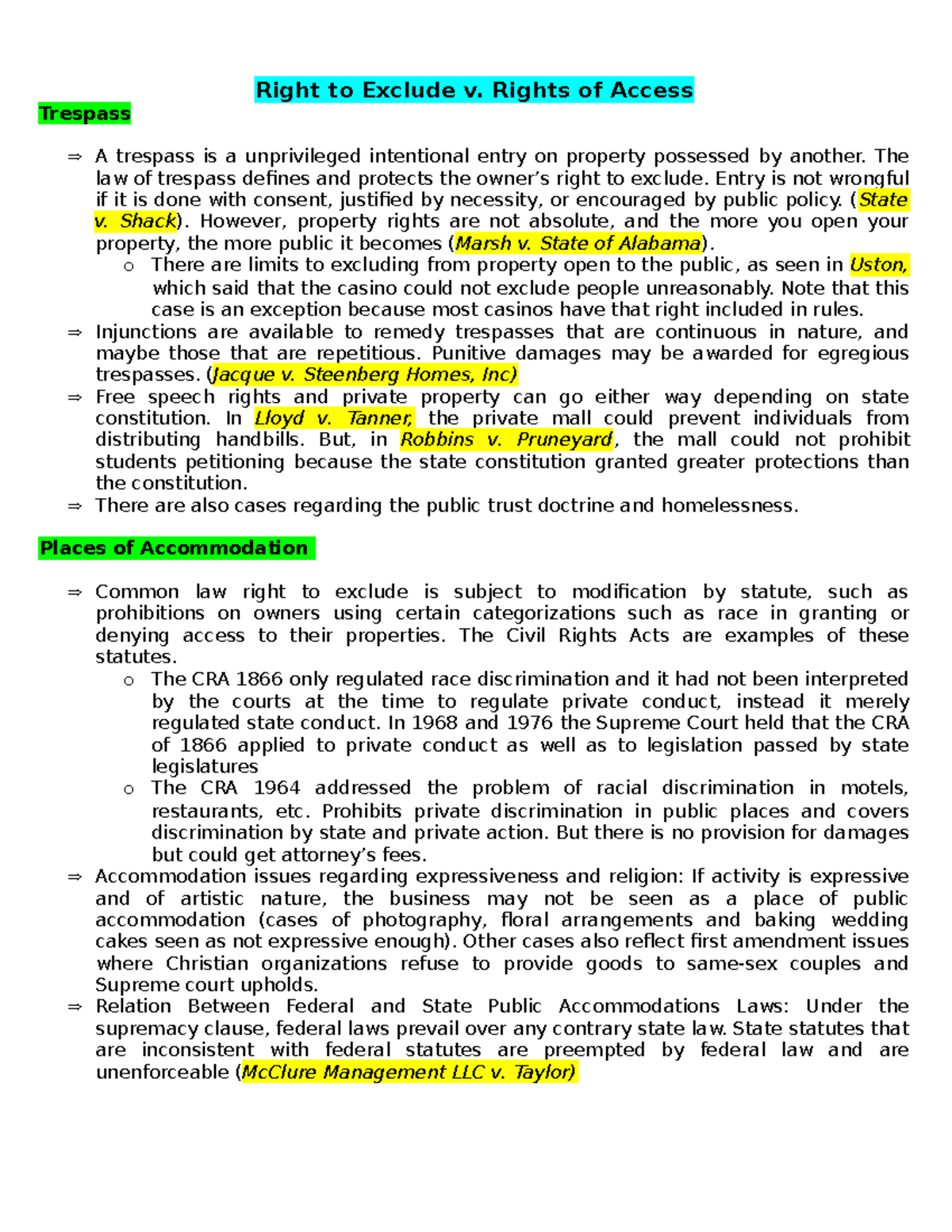 Concepts and Cases Property Right to Exclude v. Rights of Access
