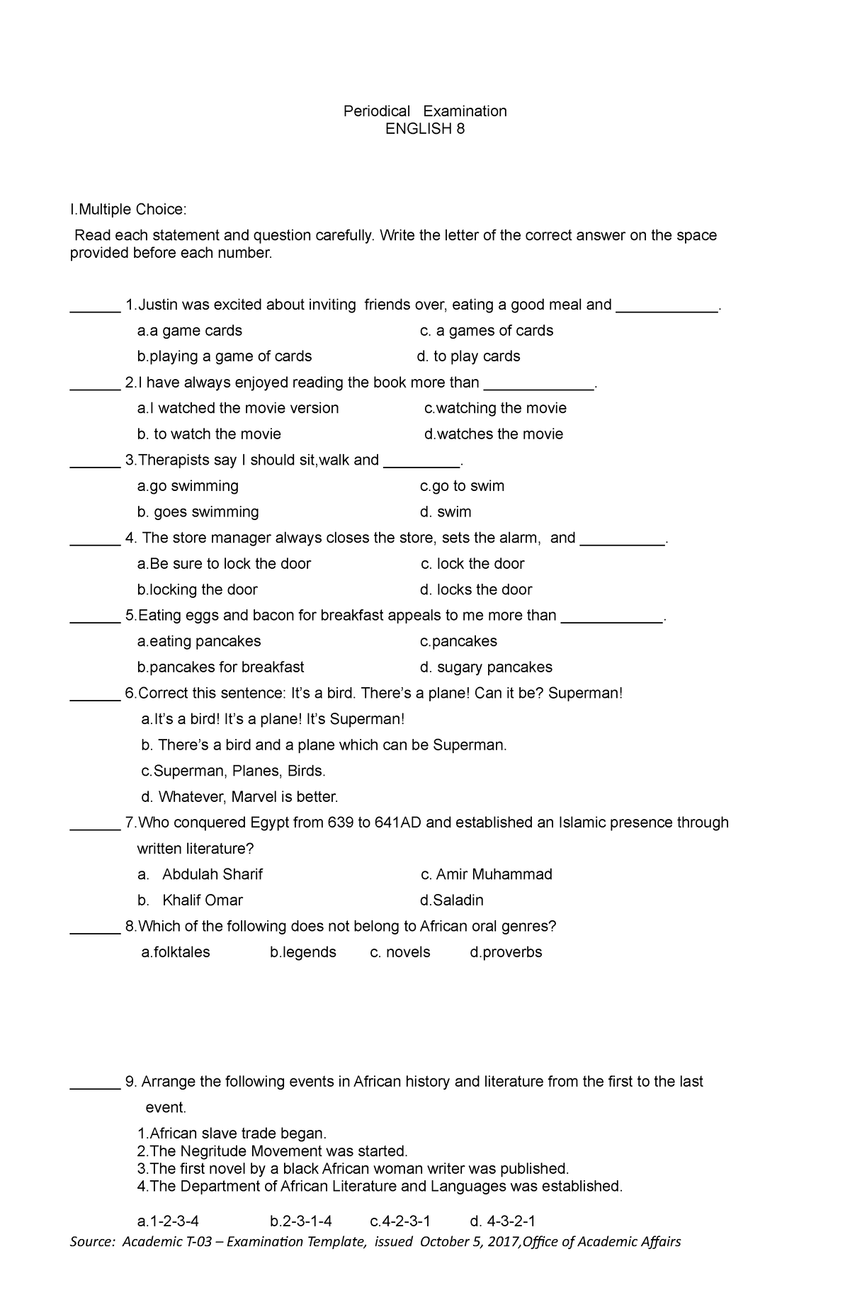 English 8- Quarterly Questionnaires - Periodical Examination ENGLISH 8 ...