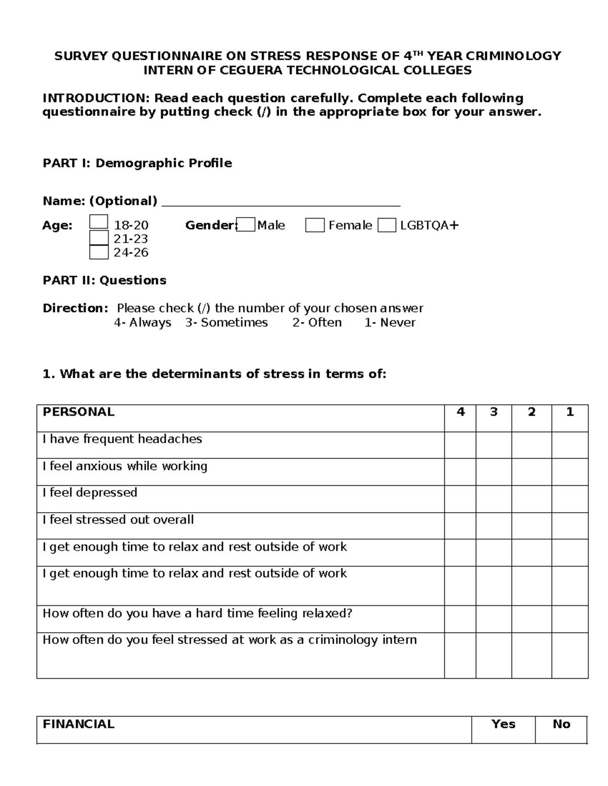 Questionnaireeeeeeeee - SURVEY QUESTIONNAIRE ON STRESS RESPONSE OF 4TH ...