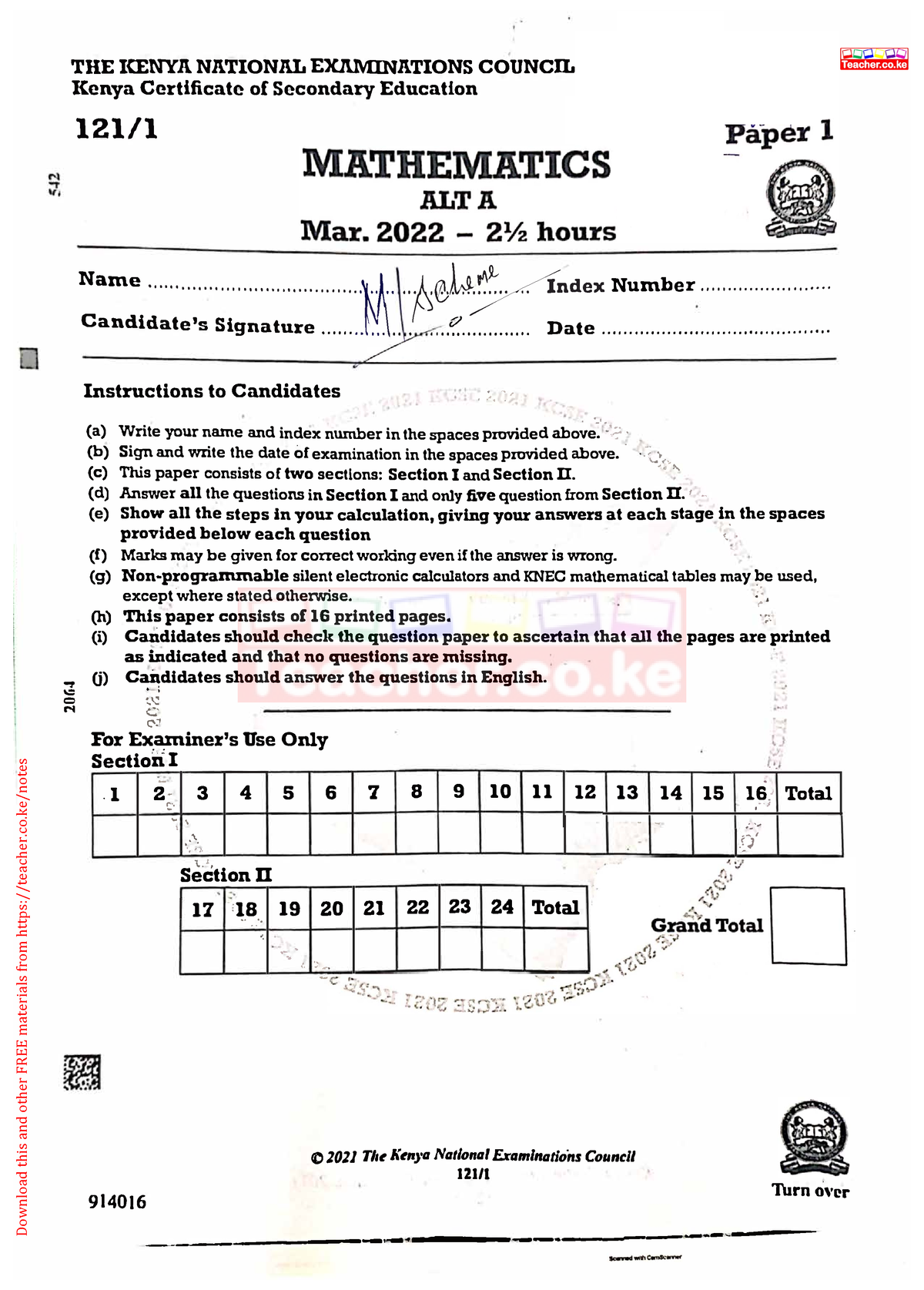 KCSE-2021-Mathematics-Paper-1-Marking-Scheme-Teacher Ke-1 - THE I䌀䔀一夀A ...