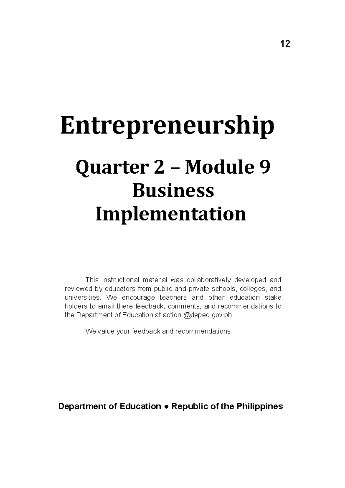 Entrep 12 Q1 Mod9 Business-Implementation v1 - 12 Entrepreneurship ...