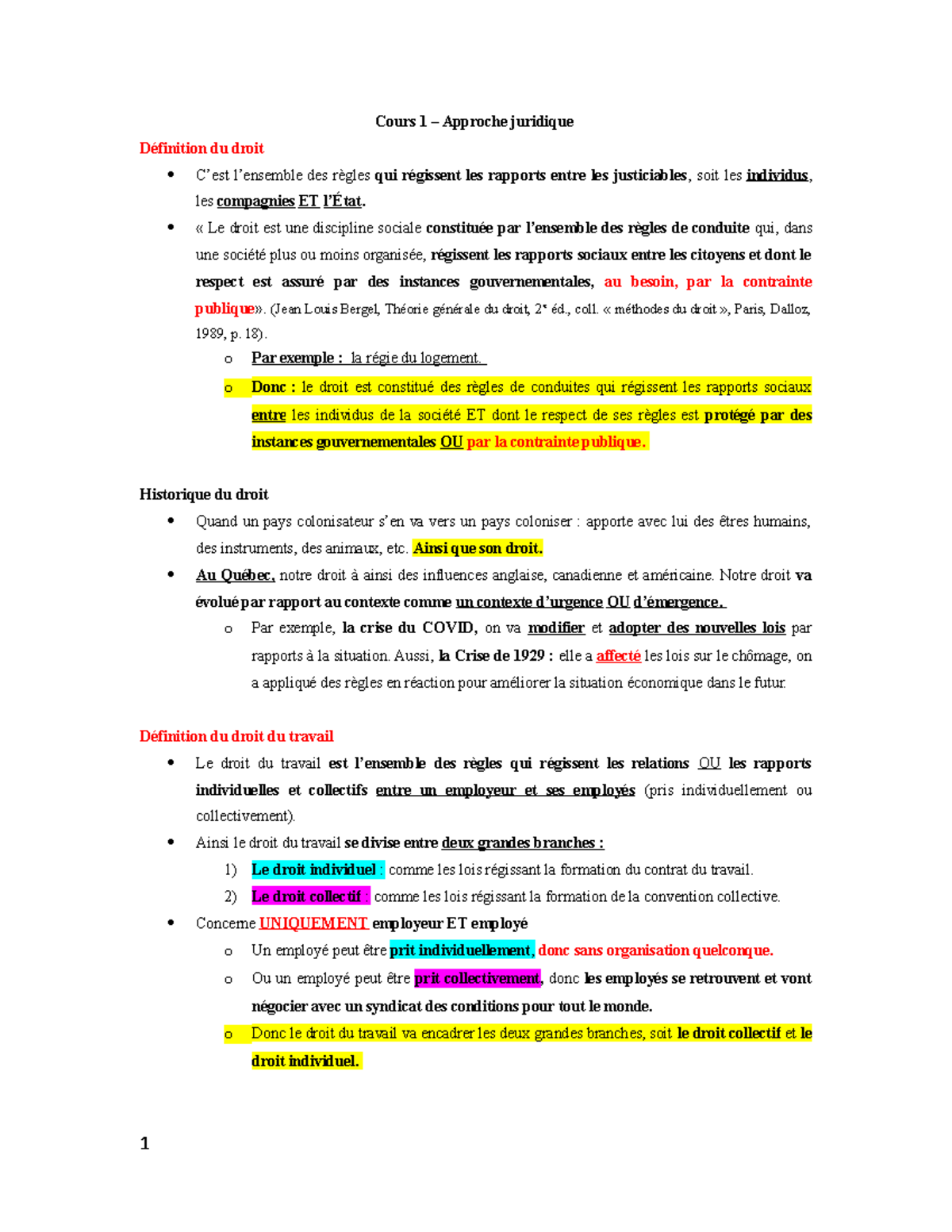 Approche juridique cours 1 détaillé. Cours 1 Approche juridique
