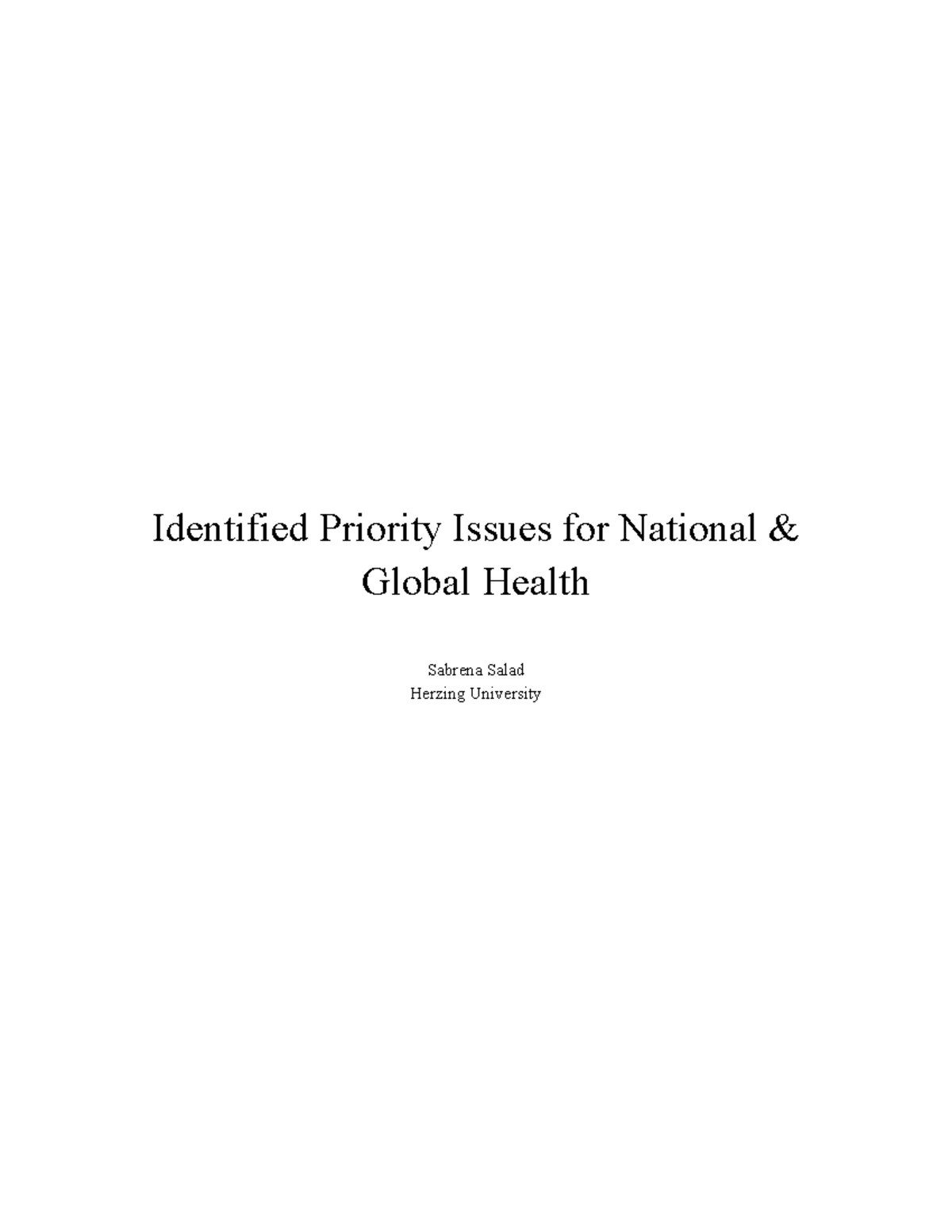 Priority Issues & Global Health Identified Priority Issues for