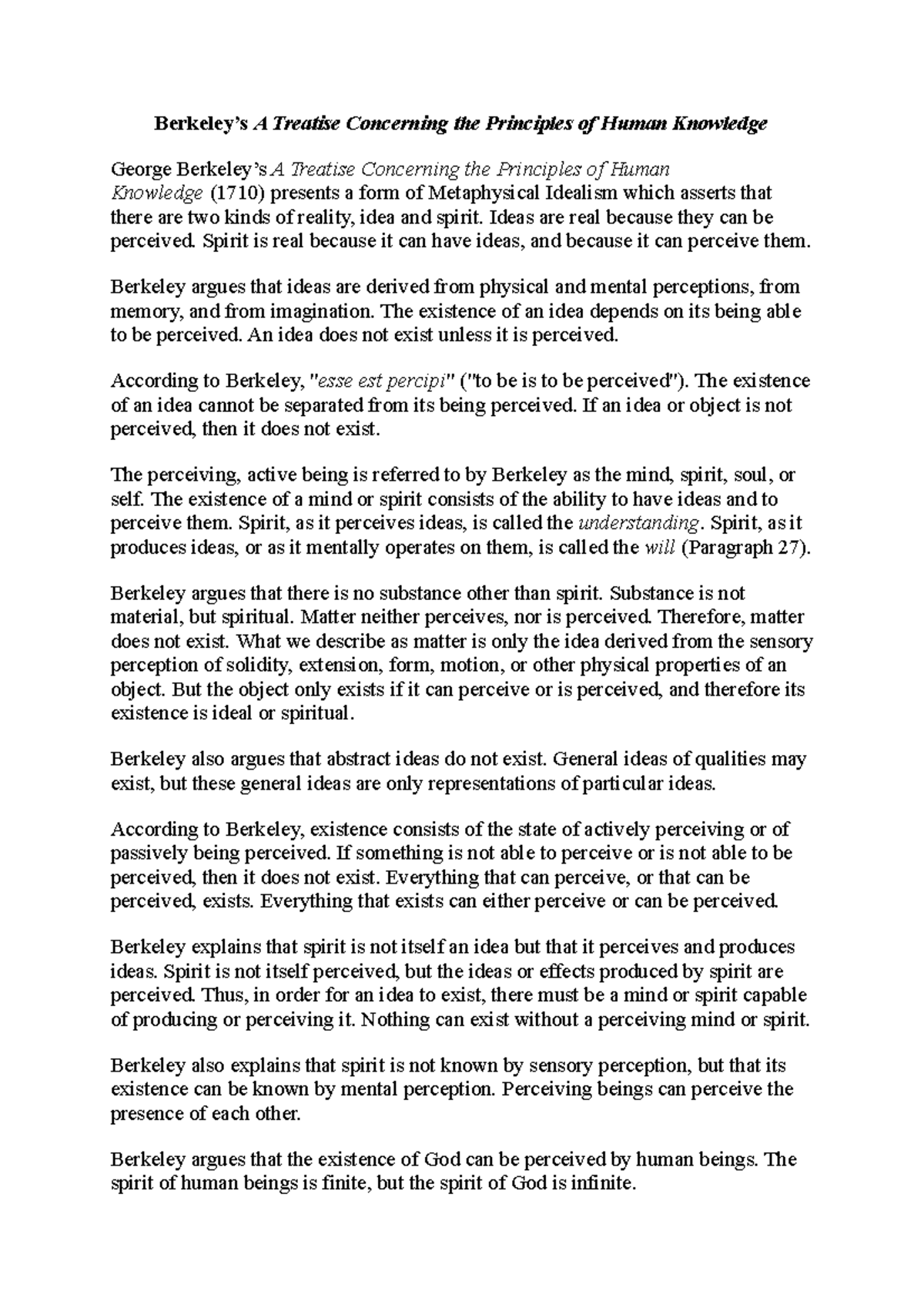 Berkeley - Summary A Treatise Concerning the Principles of Human ...