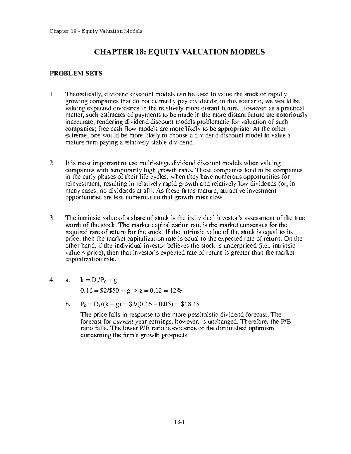 Solutions Chapter 018 - Equity Valuation Models - CHAPTER 18: EQUITY ...