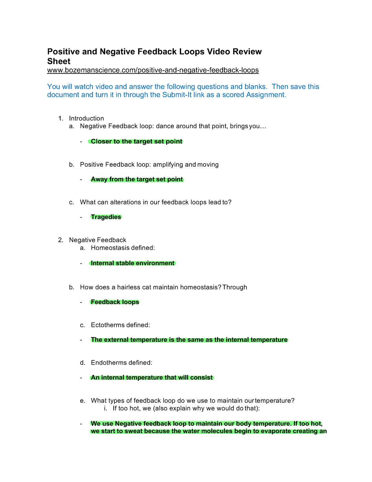 Homeostasis Worksheet Answers Positive And Negative Feedback
