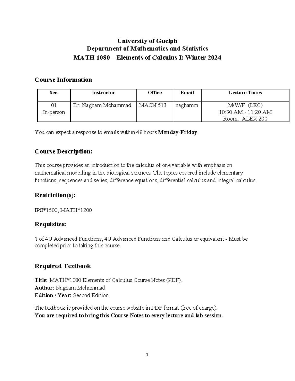 W24 MATH1080 Outline - University of Guelph Department of Mathematics ...