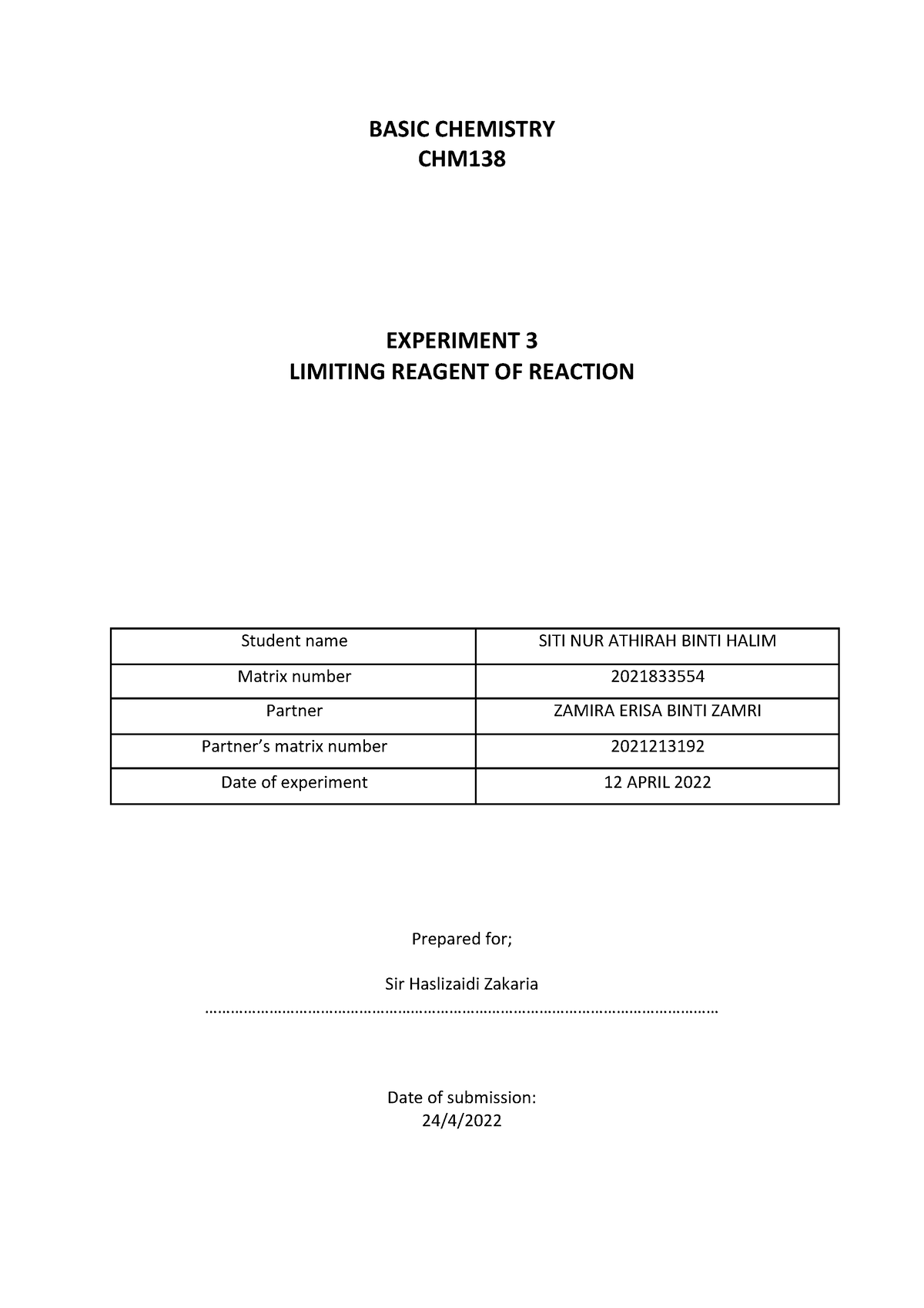 CHM138 Experiment 3 - Chemistry - BASIC CHEMISTRY CHM EXPERIMENT 3 ...