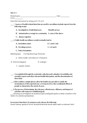 Quiz exam 1-epidemiology - Quiz 1-3 Printed name