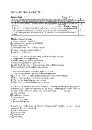 MKT101 Tutorial 1 - MKT101 TUTORIAL 1 (CHAPTER 1) True Or False 1 ...