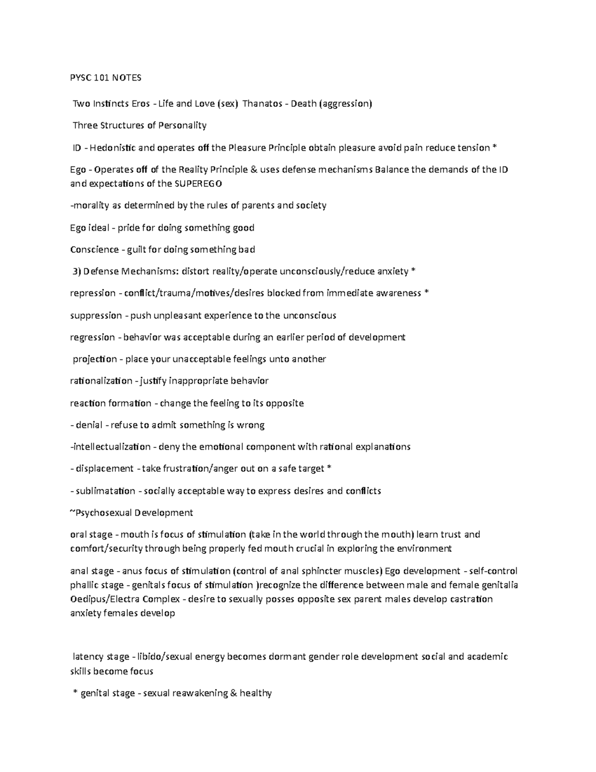 Document 21 - general Psyc - PYSC 101 NOTES Two Instincts Eros - Life ...